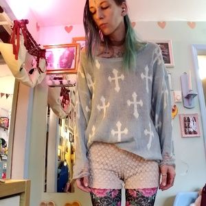 Wildfox Couture sheer sweater crosses baby blue